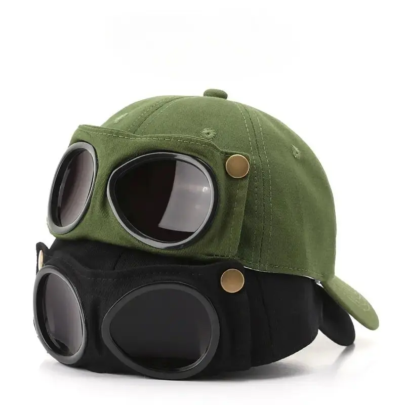 2 Pcs Unisex Breathable Cotton Retro Aviator Cap with Attached Aviator Sunglasses, Stylish Pilot Baseball Hat, Casual Streetwear Accessory for Daily & Outdoor Use, Adjustable Strap