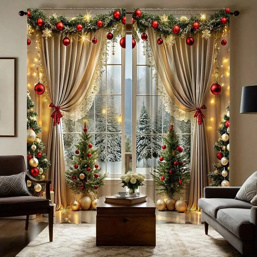 2pcs Set Luxury Christmas Curtain With Shining Christmas Ball & Tree Pattern, Digital Printing On Polyester, Suitable For Living Room, Kitchen, Bedroom, Study, Bathroom, Hotel, Restaurant, Home Decor