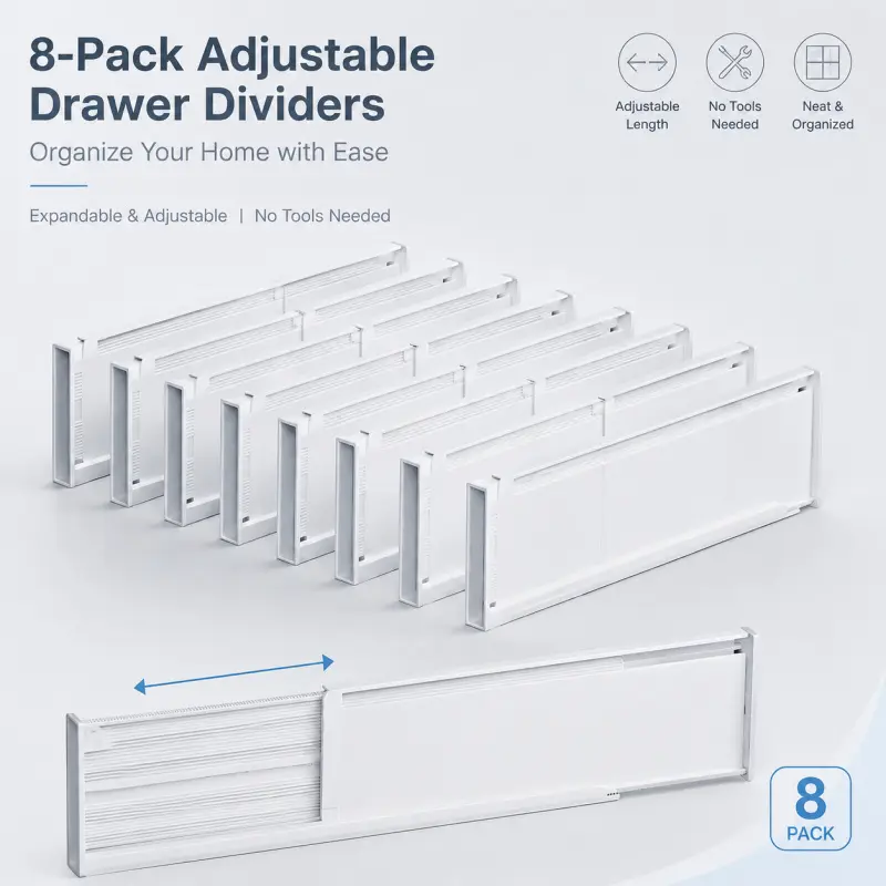 8 Pack Expandable Adjustable Drawer Dividers No Tools Required Stretchable Drawer Organizer Separators White Plastic Partition Inserts For Kitchen Utensils Bedroom Dresser Bathroom Drawer Storage