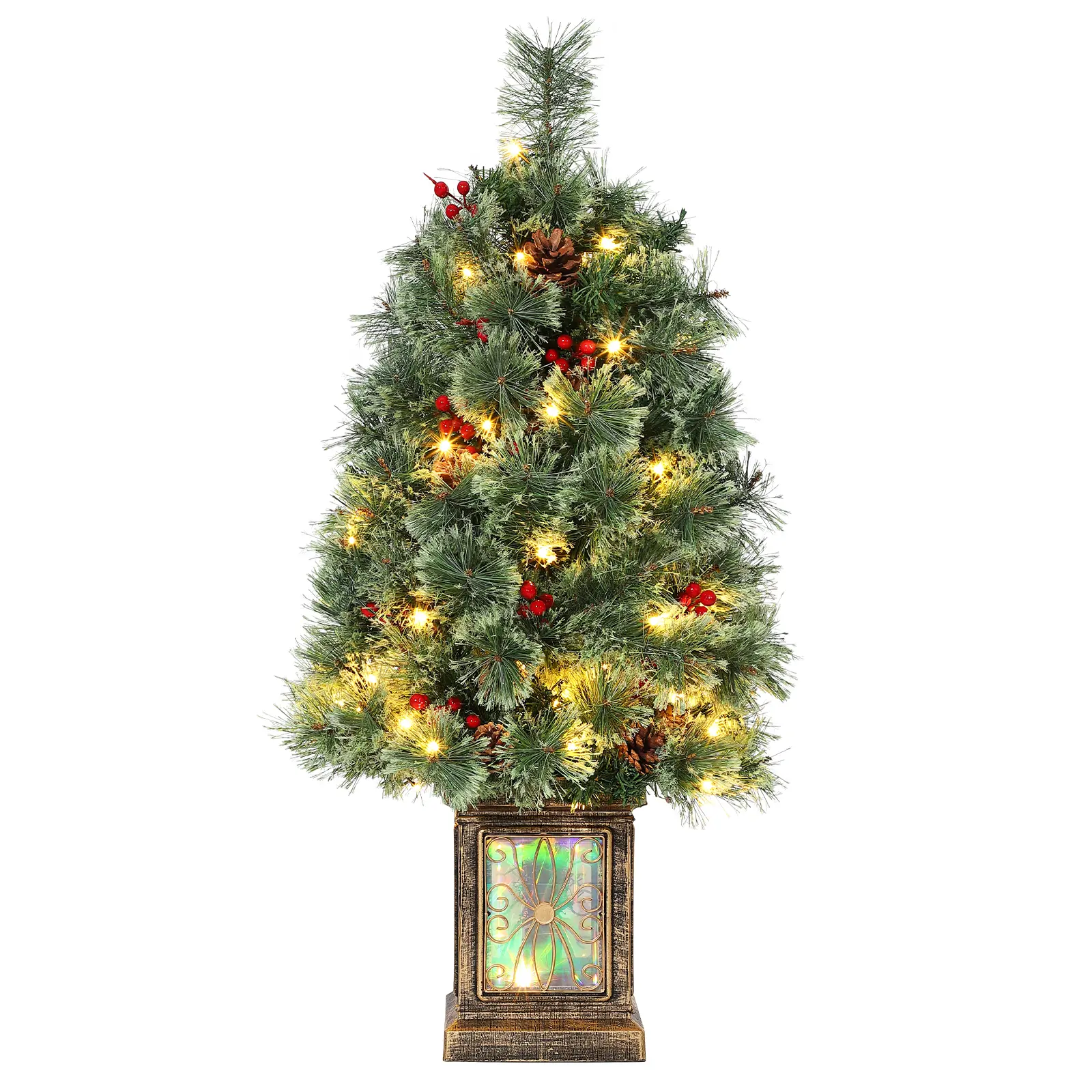 Pre-Lit 3ft Artificial Christmas Pine Tree with 70 Warm White LED Lights – Tabletop Mini Xmas Tree with 16 Pinecones & 16 Red Berries, Mixed Pine Needles, Classic Pot – Easy Assembly, Perfect for Indoor Holiday, Home, Office, or Entrance Décor