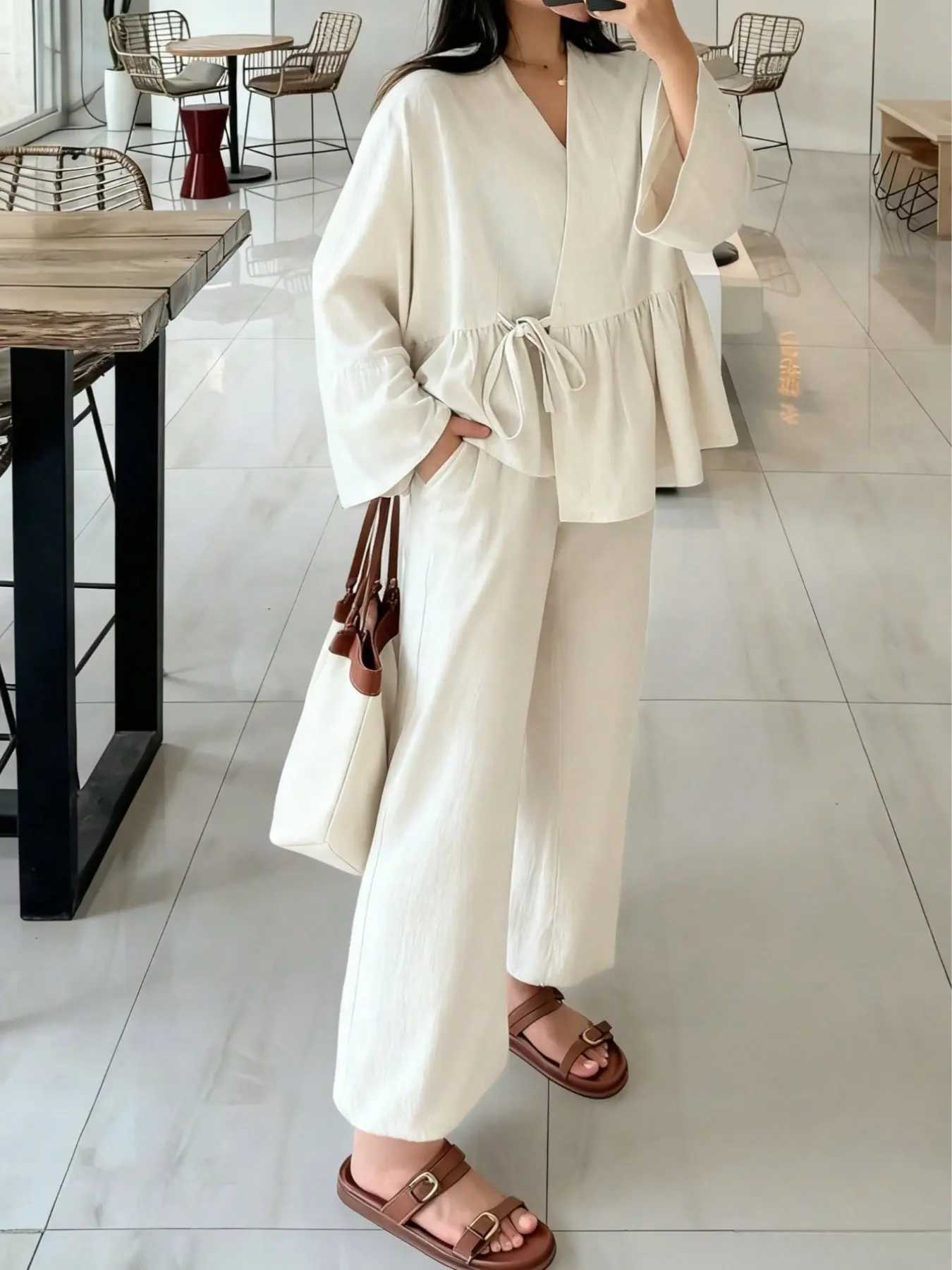 Women's Traditional Tea Style Set, Loose Belted Cardigan High Waist Straight Leg Pants, Lazy Casual Two-Piece Pajama Set