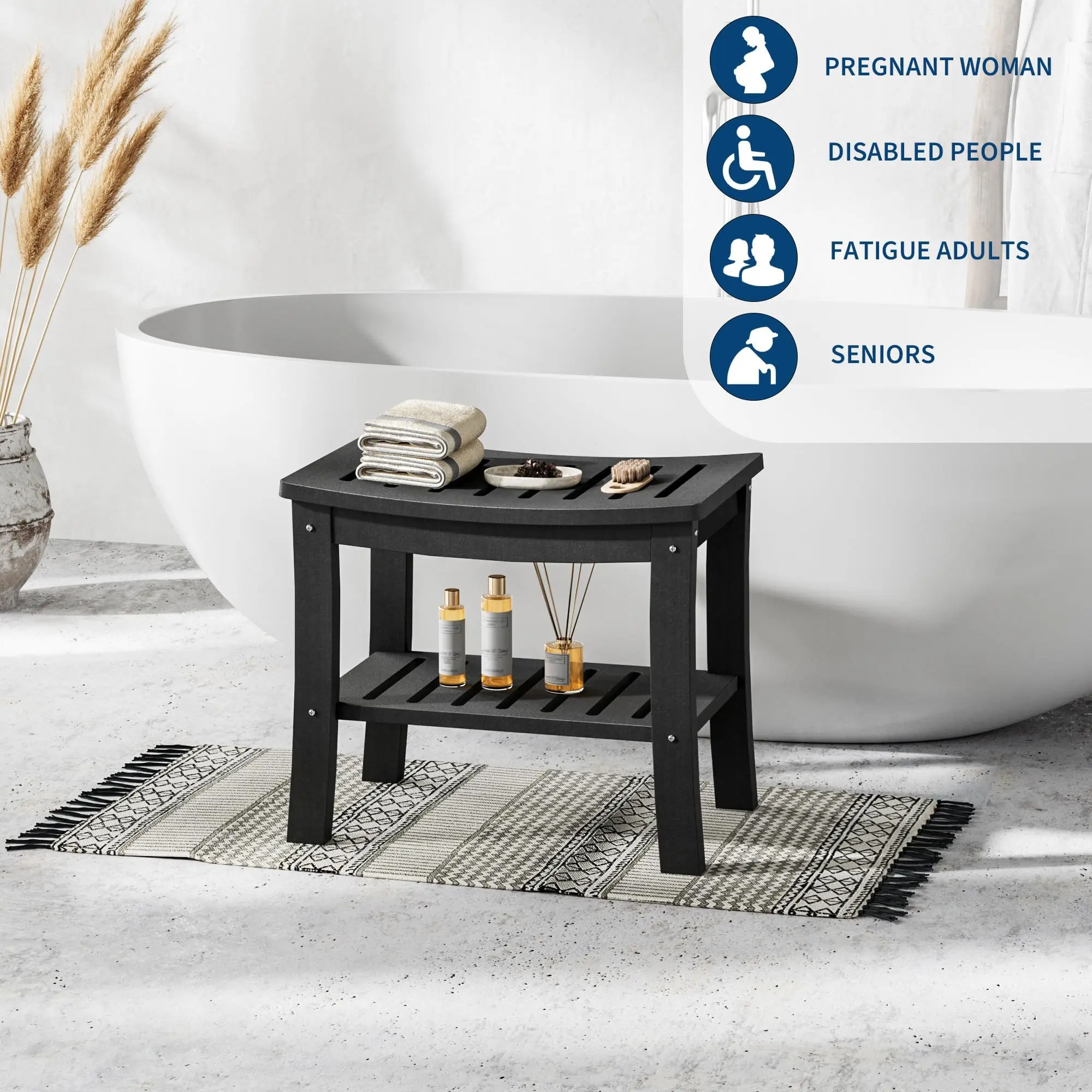 HDPE Shower Bench with Storage Shelf - Waterproof & Non-Slip Bathroom Shower Seat Stool for Bathtub, Indoor Outdoor Spa Stool - Space Saving, No Maintenance Required