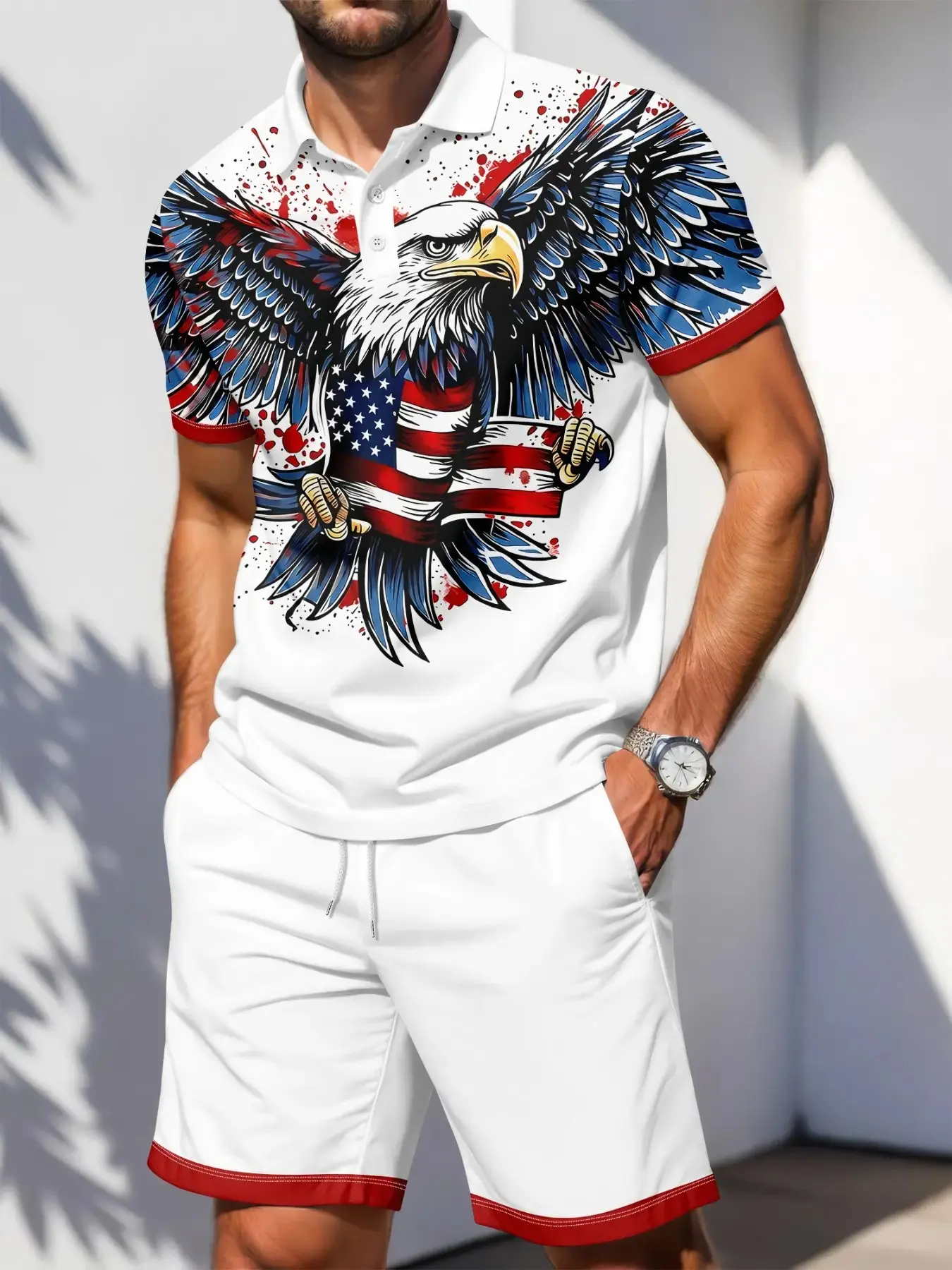 Men's Two-Piece Sports Set, American Flag Eagle Print Short Sleeve Polo Shirt, Drawstring Shorts, Breathable Summer Streetwear