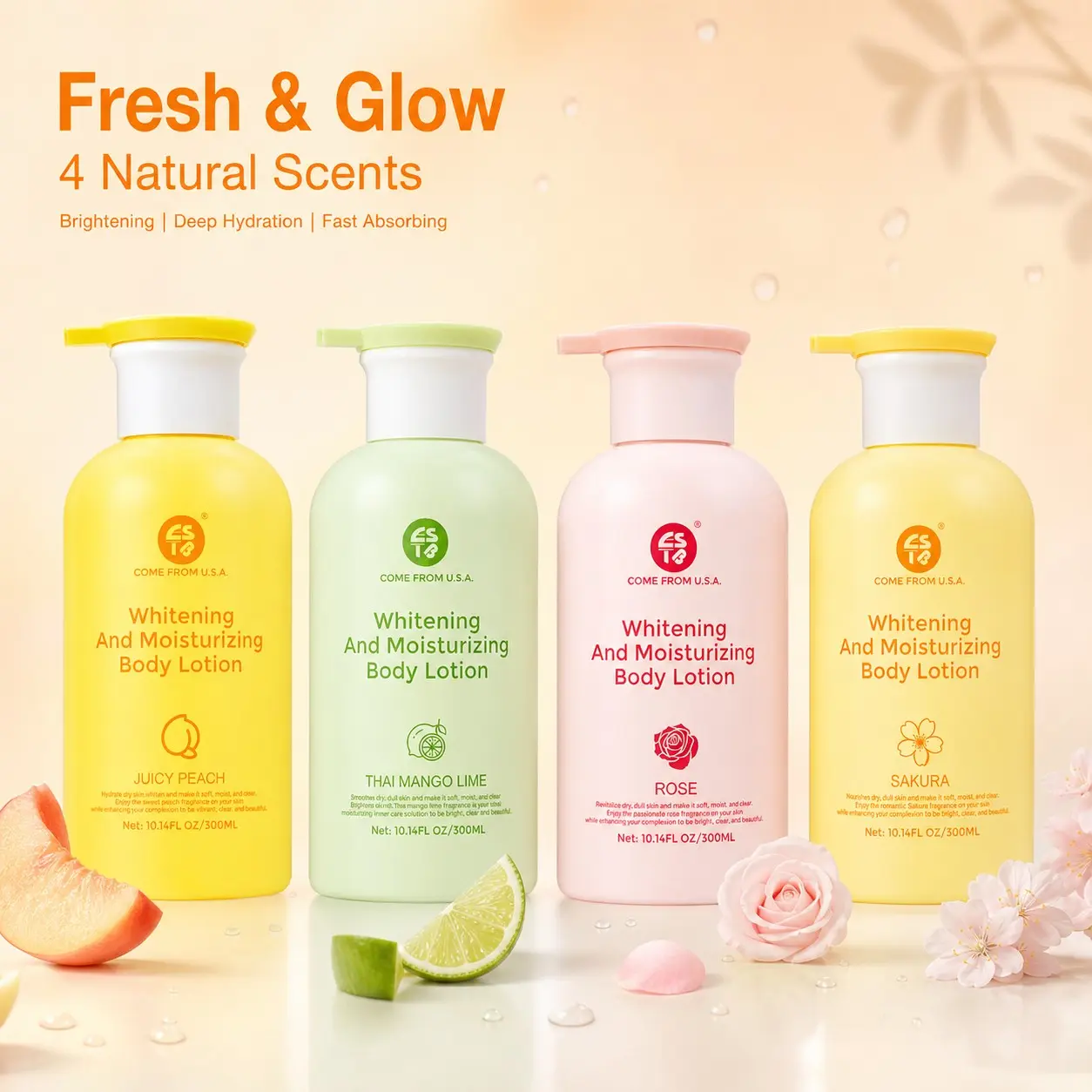 Large Capacity 300ML Whitening Body Lotion, Four Scents (rose, Peach, Cherry Blossom, Thai Mango Lime), Macaron Series