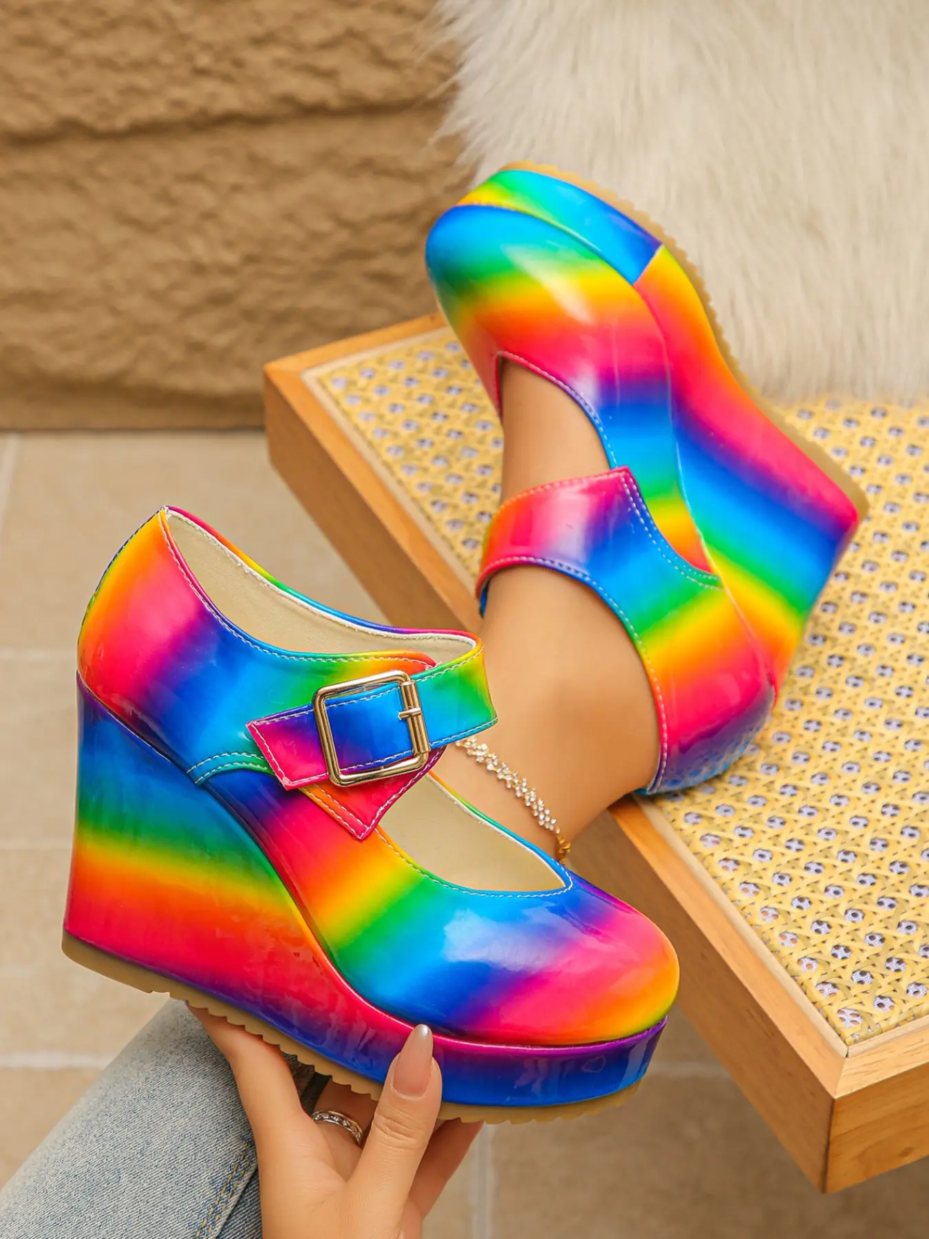 Rainbow Gradient Wedge Shoes, Holographic Rainbow Finish, Unique Fashion, Non-Matching Design, Perfect for All Seasons