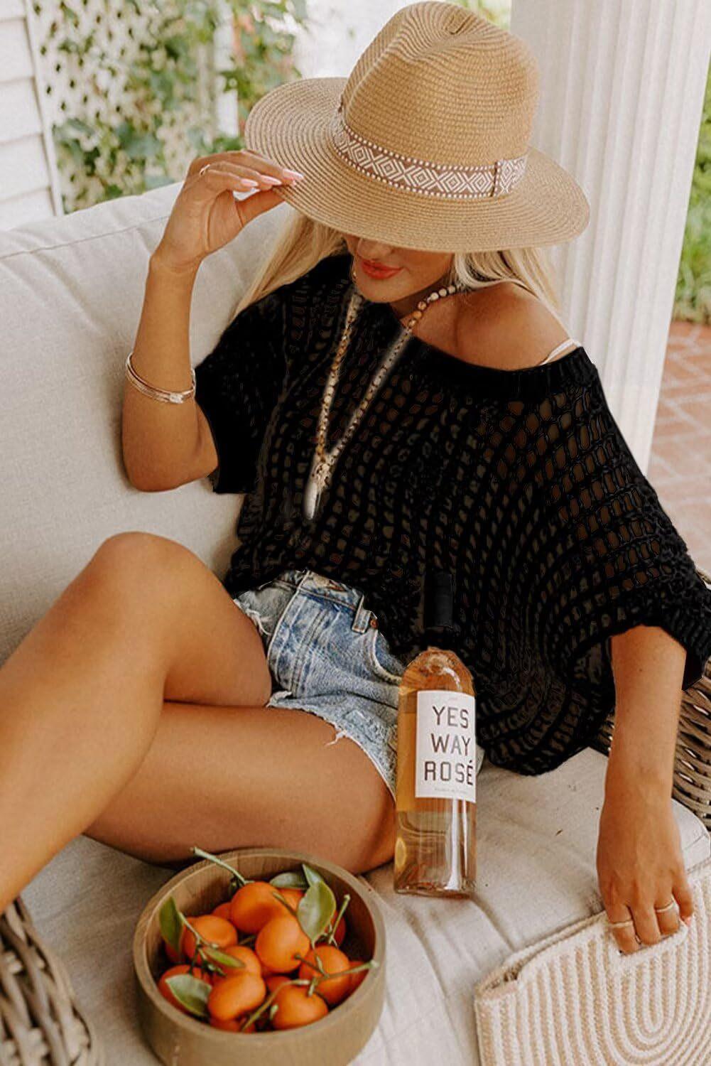 2026 summer five-quarter sleeve sexy hollow top pullover beach blouse knitted sweater women