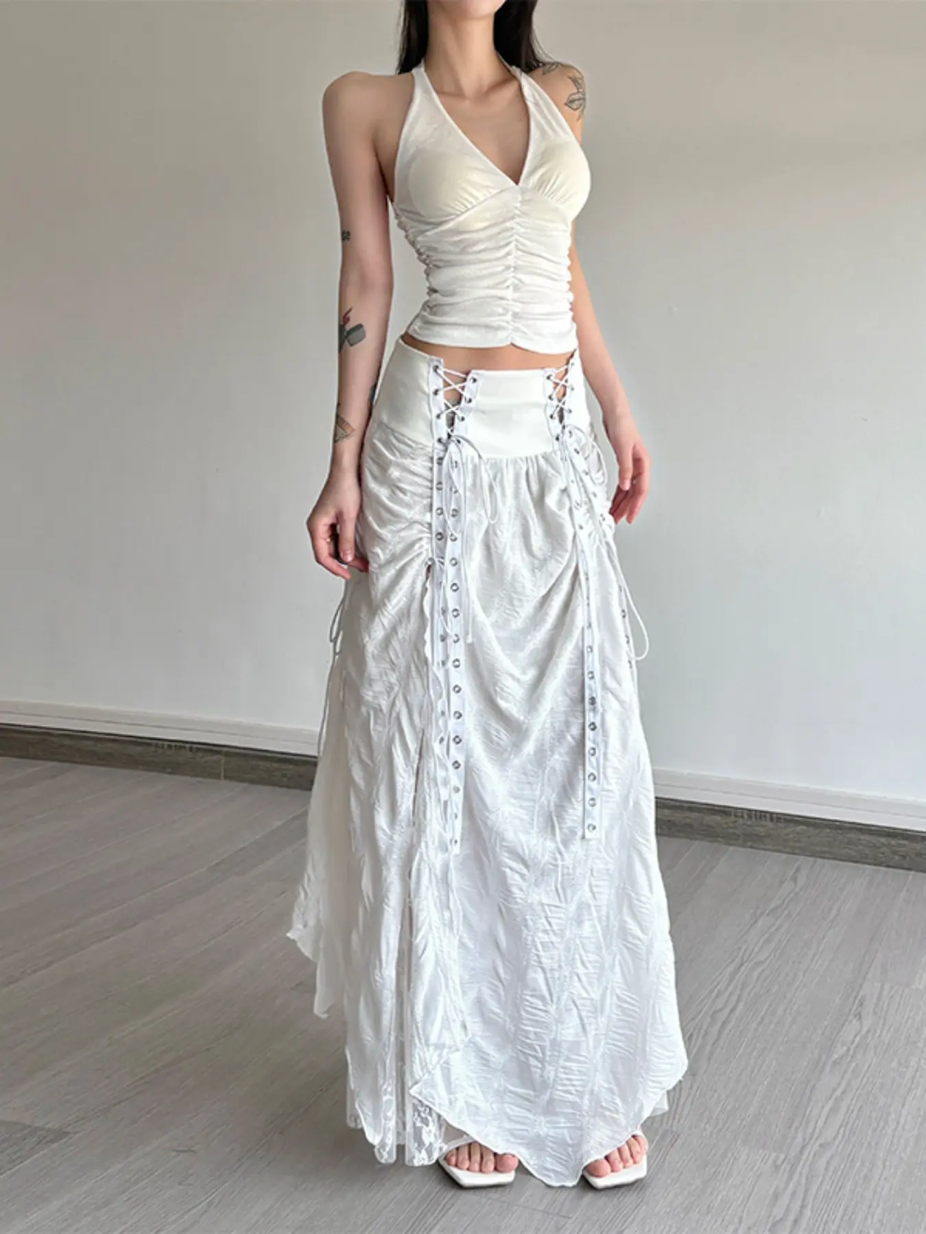 Lace Up High Waist Maxi Skirt, Asymmetrical Hem, Lace Panel, Side Split, Flowy Boho Long Skirt, Women's Fashion