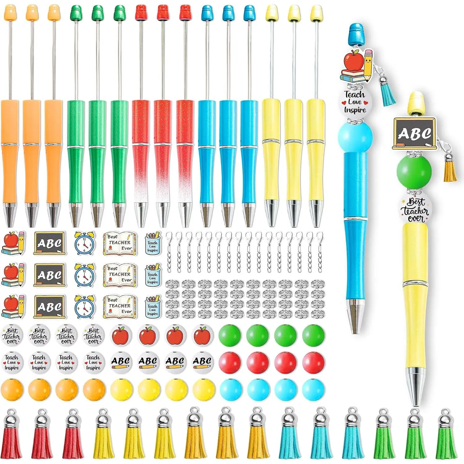 to School Beadable Pens Craft - 15 Set Teacher Day Appreciation , DIY Thank You Teach Beaded Pen Making Kit with Beads Bulk, Make Your Own  Beading Ballpoint for Student Classroom