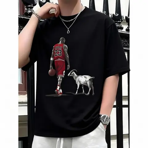 Men's Classic Heavy Cotton Loose Crew Neck Tee - Legendary Basketball Player Print, Unisex Relaxed Cut, Sturdy Soft Fabric, Printed Logo, Chic Holiday Streetwear, All Seasons Menswear, Check Size Guide