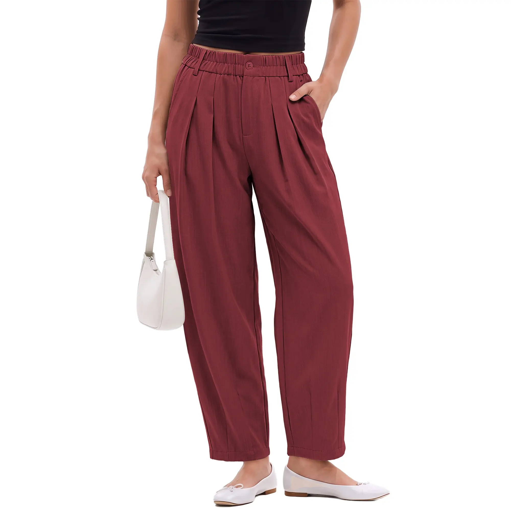 GRAPENT Dress Barrel Pants Women High Waisted Tapered Ankle Work Trousers | Elastic Waist with Button-zip Closure, Pleated, 27" Inseam, 4 Pockets, Slacks for Women Business Casual, Work Office Outfits