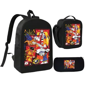 Digimon character print three-piece school bag set, anime shoulder bag, insulated lunch box, fabric pencil case, suitable for middle and high school students