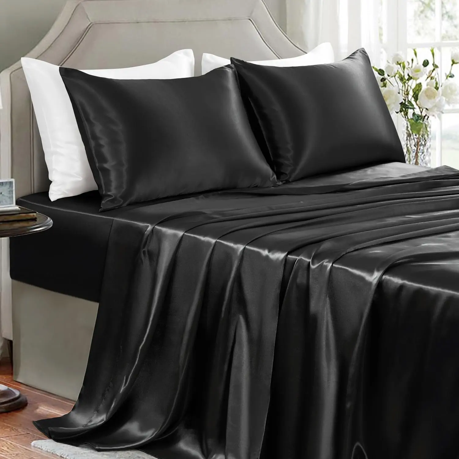 Sheets Full Size - 4 Pieces Luxury Soft Bed Sheets, Wrinkle-Free Black Silk Sheet Set with 1 Deep Fitted Sheet, 1 Flat Sheet, 2 Pillow