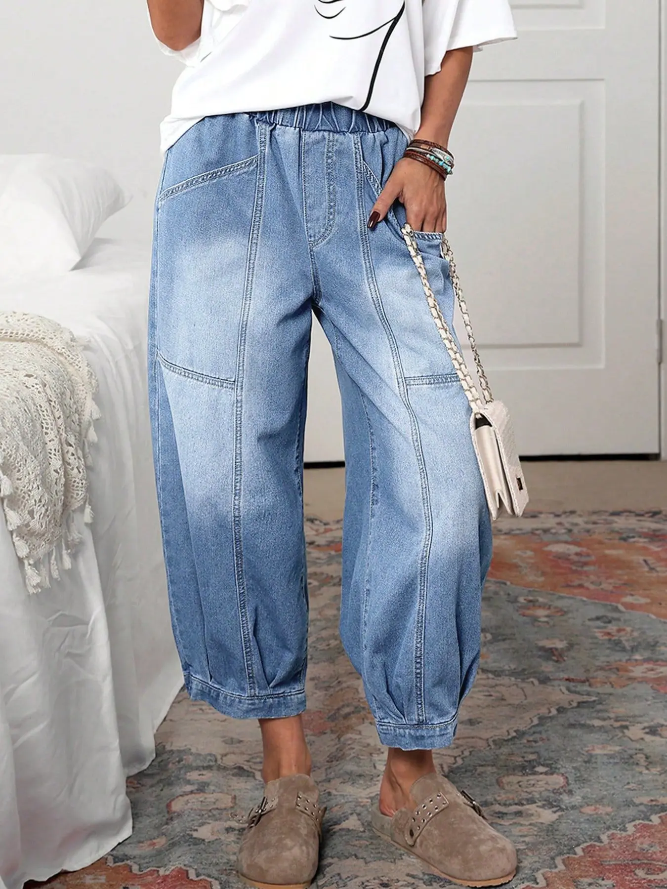 Women's Casual Loungewear, Elastic Waist Denim Loose Baggy Oversized Balloon Pants, Light Blue Jeans, Comfortable and Stylish, Perfect for Daily Wear