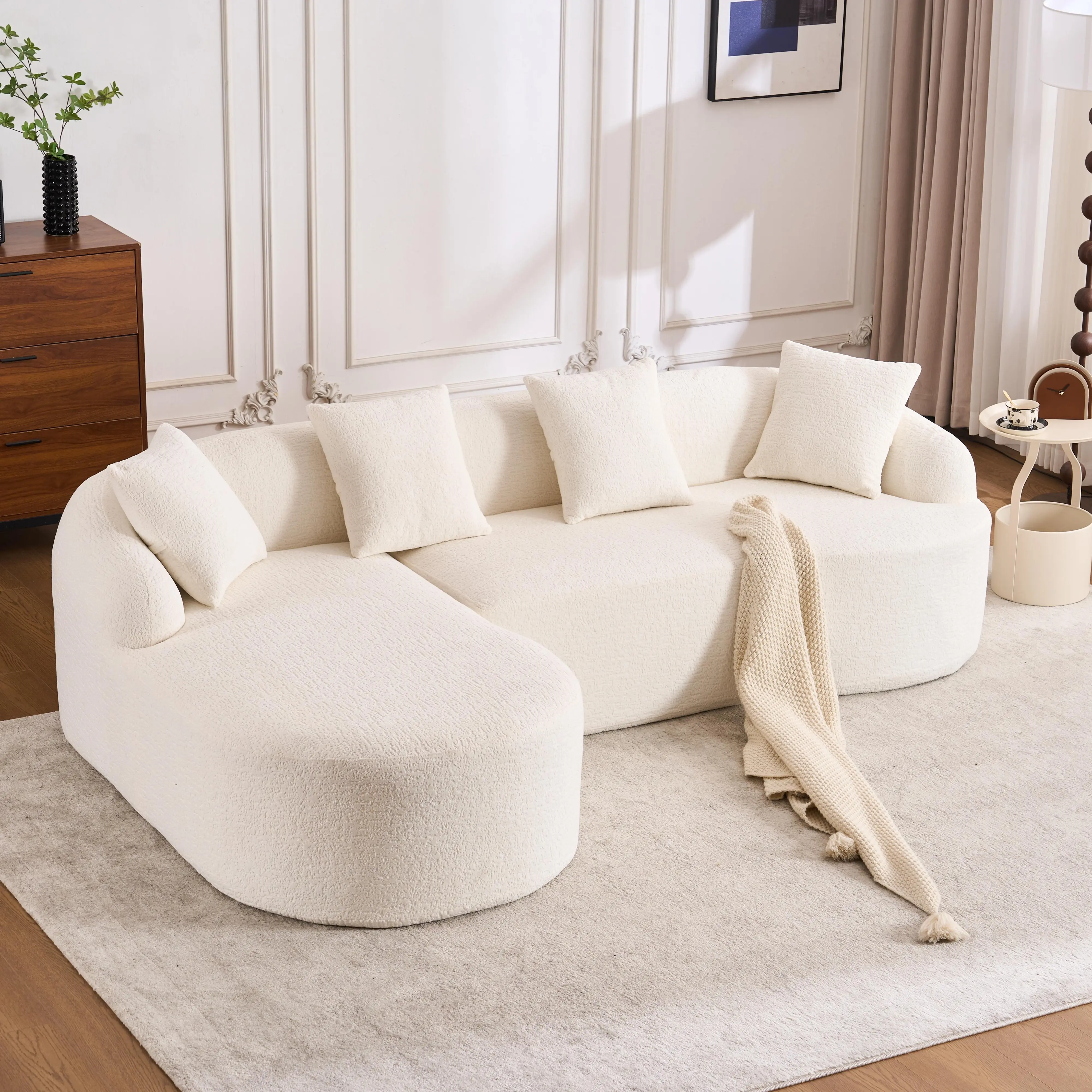 L-Shape Sectional Sofa with Curved Chaise, White Chenille Modular Couch, 30D High-Density Foam, 3-Seat for Living Room, Apartment, Lounge