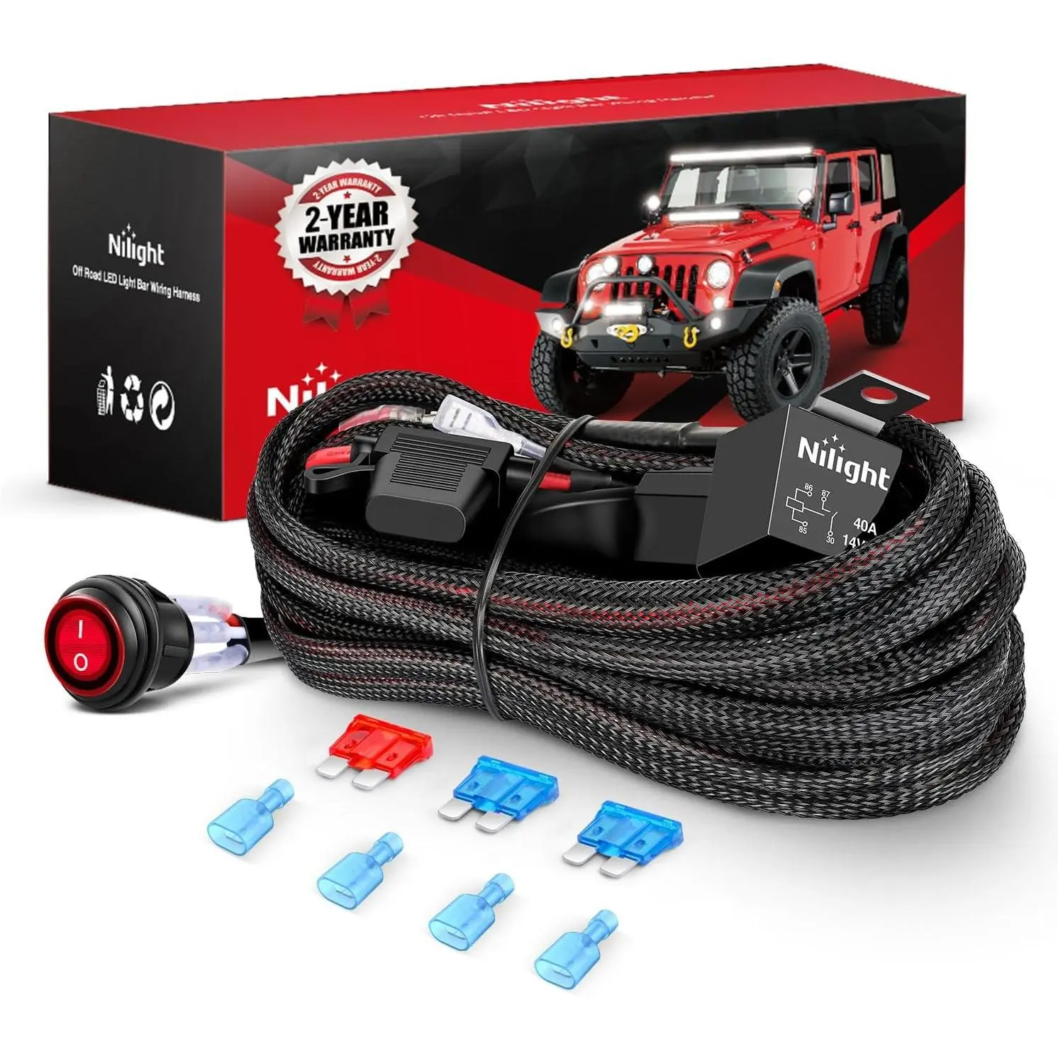 Nilight 16 AWG Nylon Wiring Harness Kit - 2 Leads, 12V Rocker On-Off Switch, Power Relay, Blade Fuse for LED, Off Road Lights on Cars, Trailers, Ships