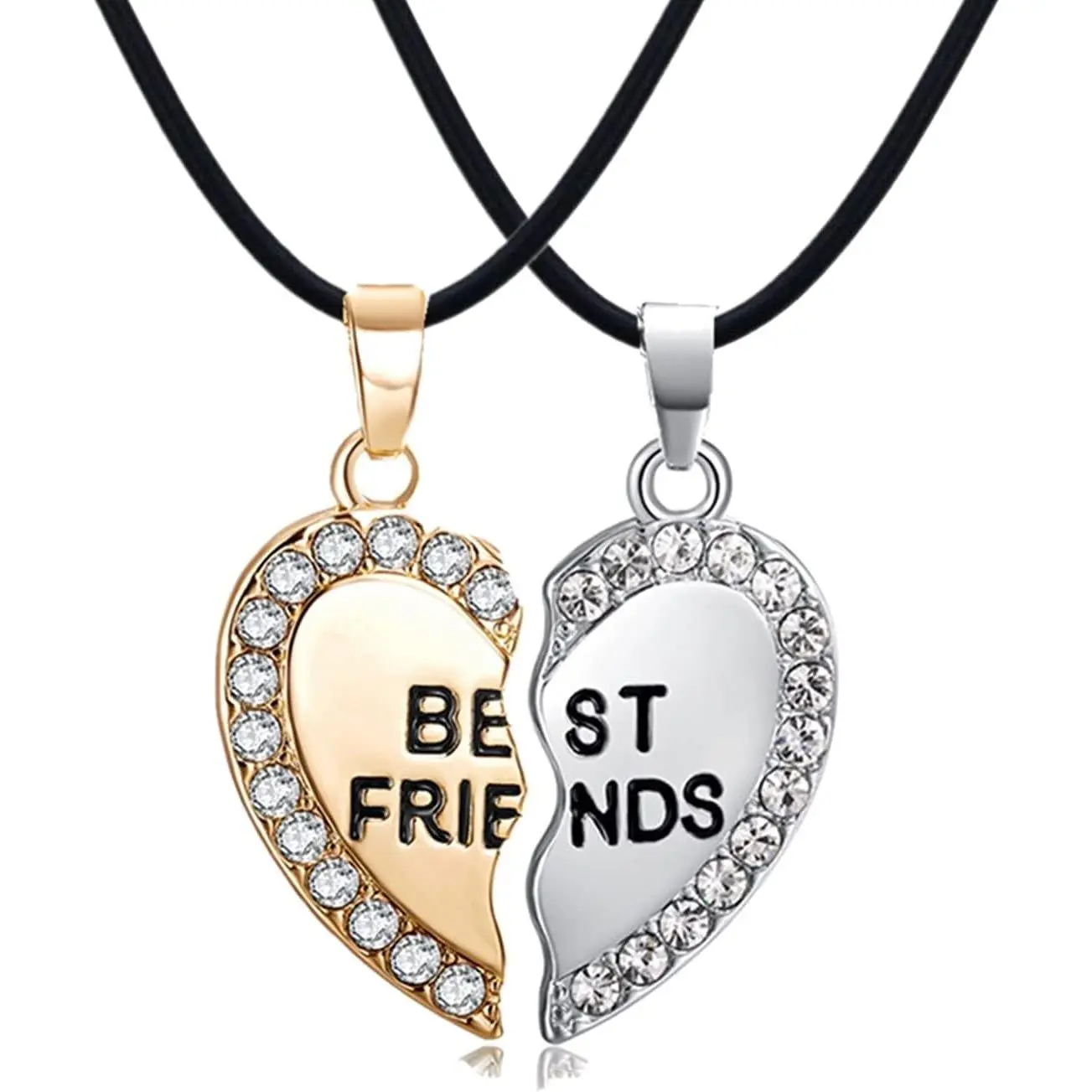 Necklace for 2 BFF Broken Heart Necklace Rhinestone Bestfriends Engraved Letters Pendant
