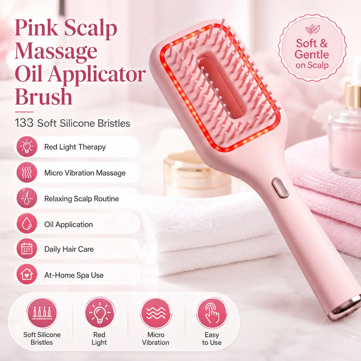 Pink Scalp Massage Oil Applicator Brush for Adults - 133 Soft Silicone Bristles, Red Light, Micro Vibration - For Anyone Seeking Massage, Evenly Apply Oils/Liquid Hair Care Products, Daily Care