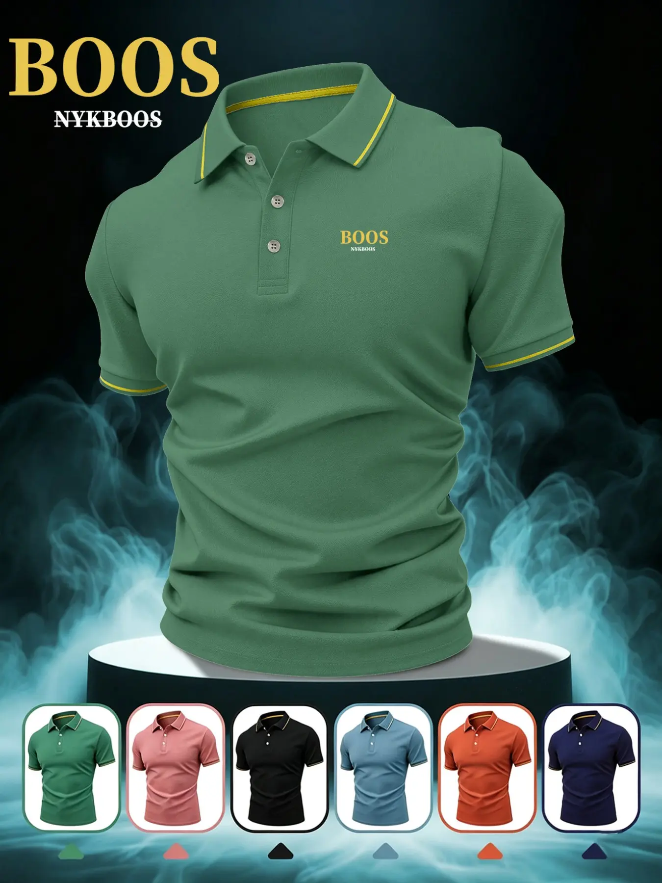 Men's Casual Fitted Boss Logo Print Shirt, Elastic Comfortable Breathable Polo, All Seasons Wear, High-Quality Durable Top