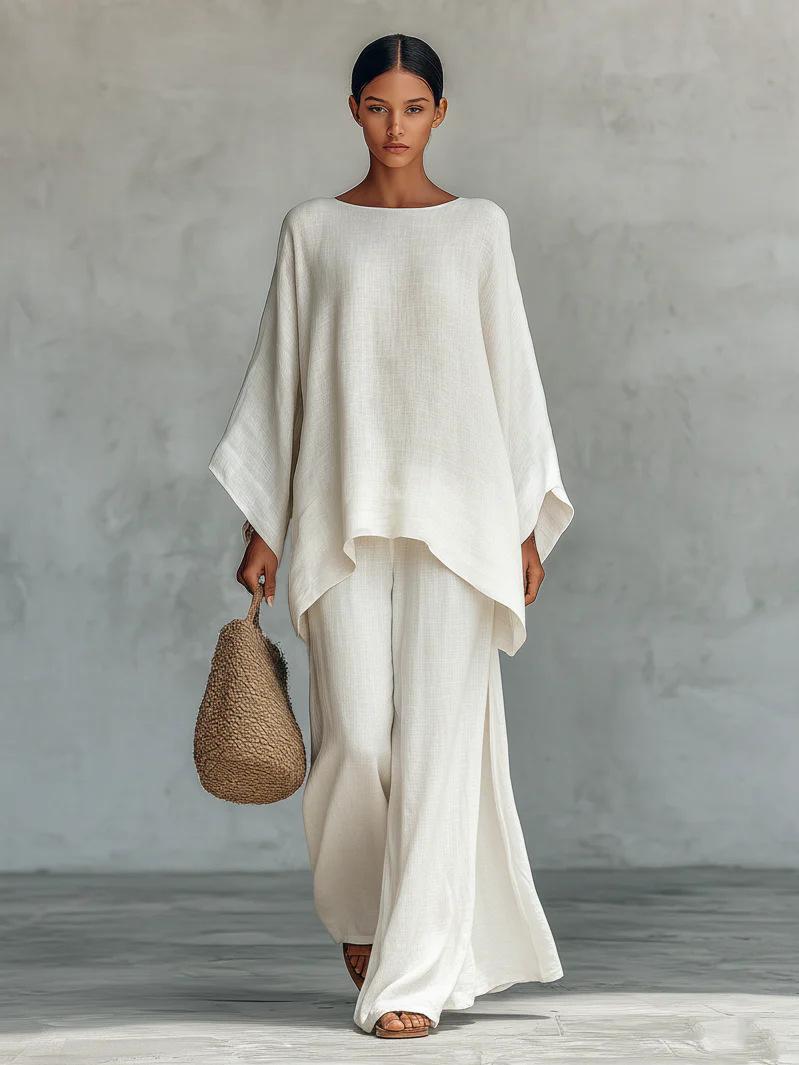 Boho Linen Two Piece Set - Perfect for Beach, Vacation & Brunch! Oversized Batwing Sleeve Top Wide Leg Pants Set TwoPieceSet  LinenSet  WideLegPants BatwingSleeve  SummerOutfit BohoFashion  CasualWear  Outfit of the Day  WomensFashion