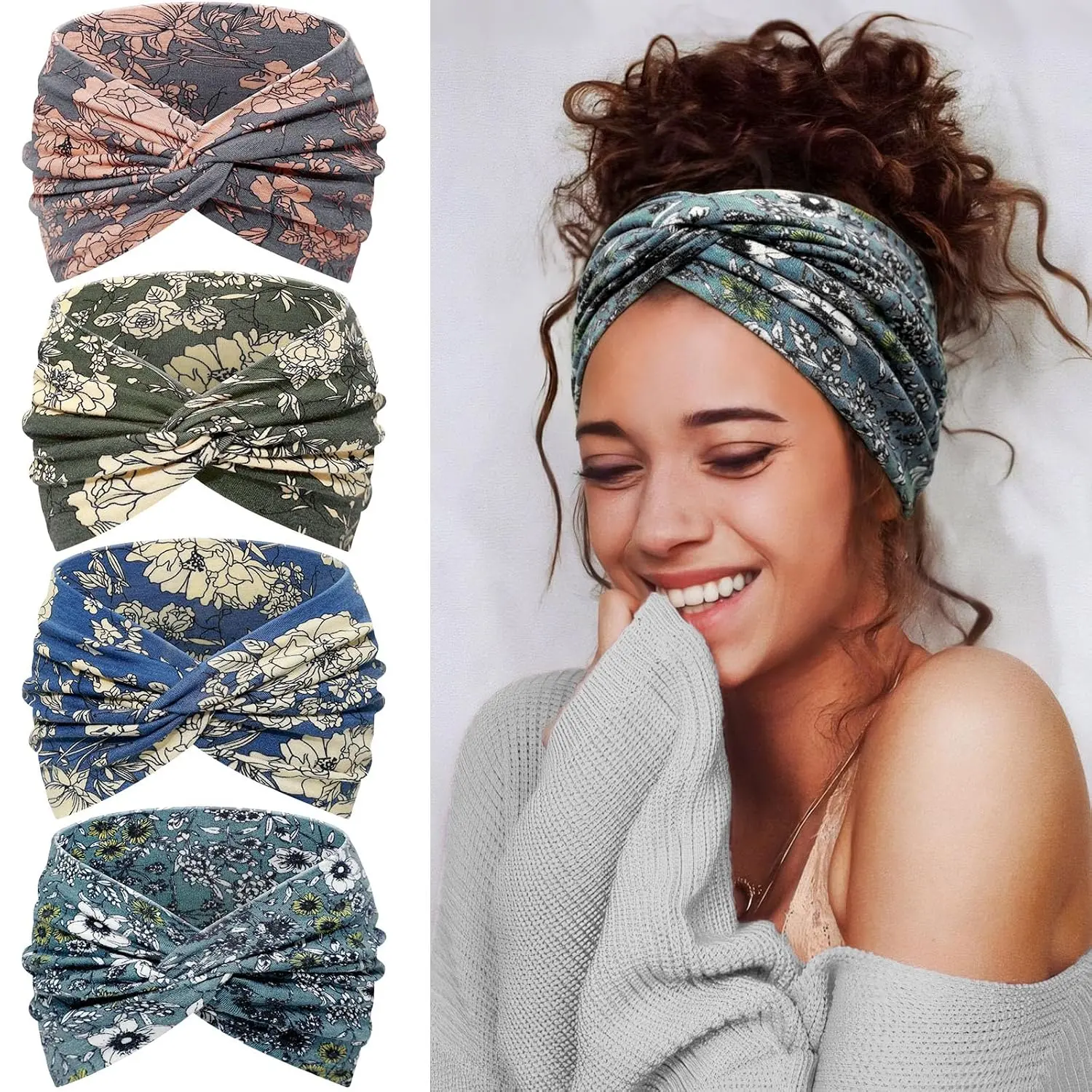 Wide Headbands for Women's Hair, 4 count Hair bands –  Turban Elastic  Bands Adult Women Soft  Wraps Knotted for Yoga & Workout – Summer Fashion Hair Accessories(Green )