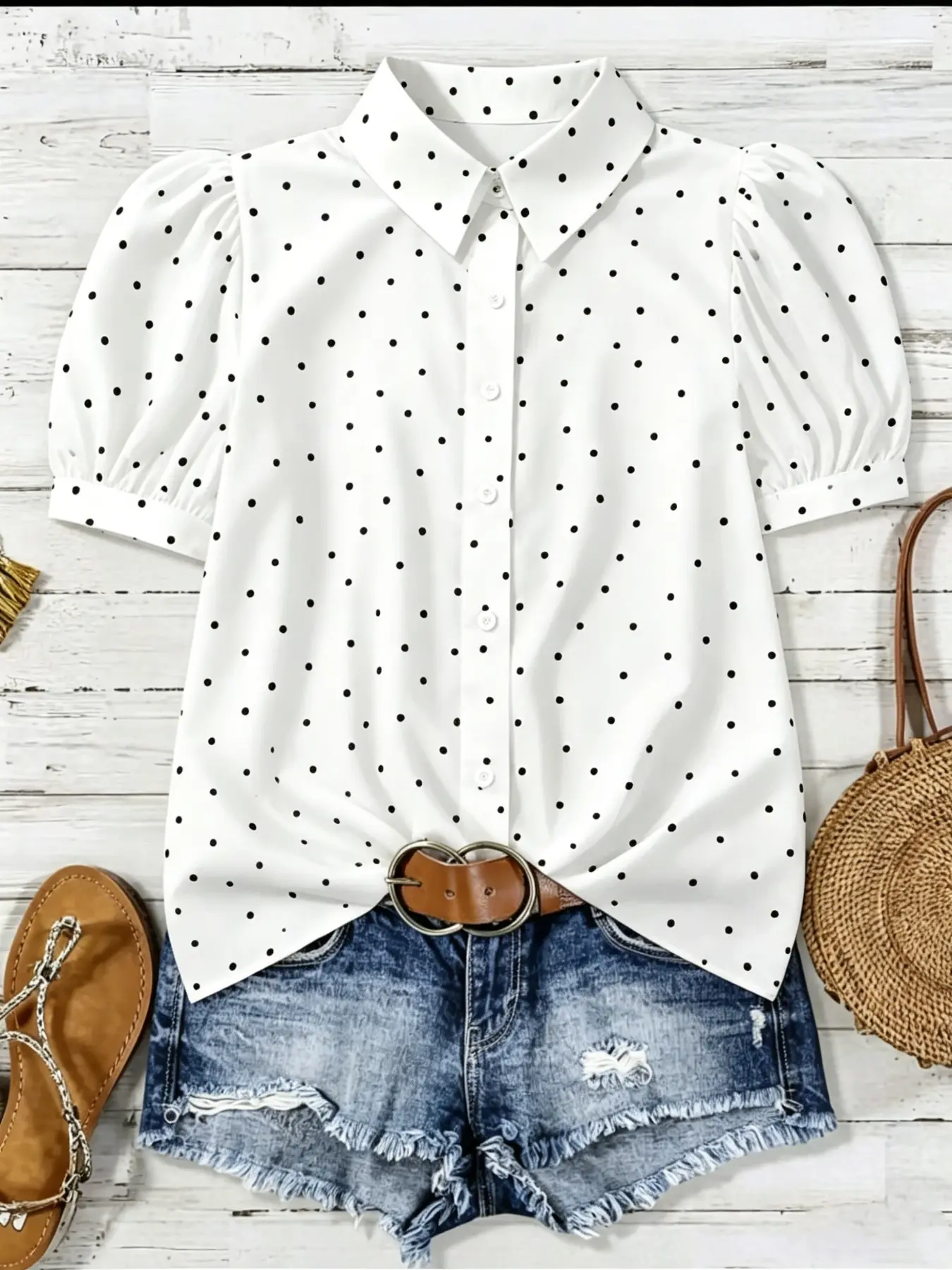 Women's Summer Polka Dot Collared Shirt, Bubble Short Sleeve Loose Fit Slimming Boho Resort Blouse, French Casual Office Vacation Top, Boho Style Shirt, Summer Vibes Tops