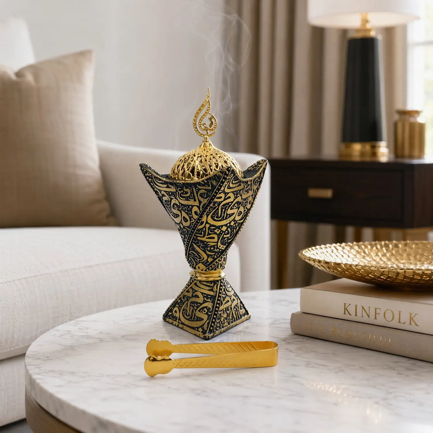 Resin Carved Mabkhara Incense Burner With Tong, Fragrance Incense Holder, Elegant Arabic Bakhoor  Burner, Resin Gilded Lattice Top, Prayer Room Desk Decor, Carving