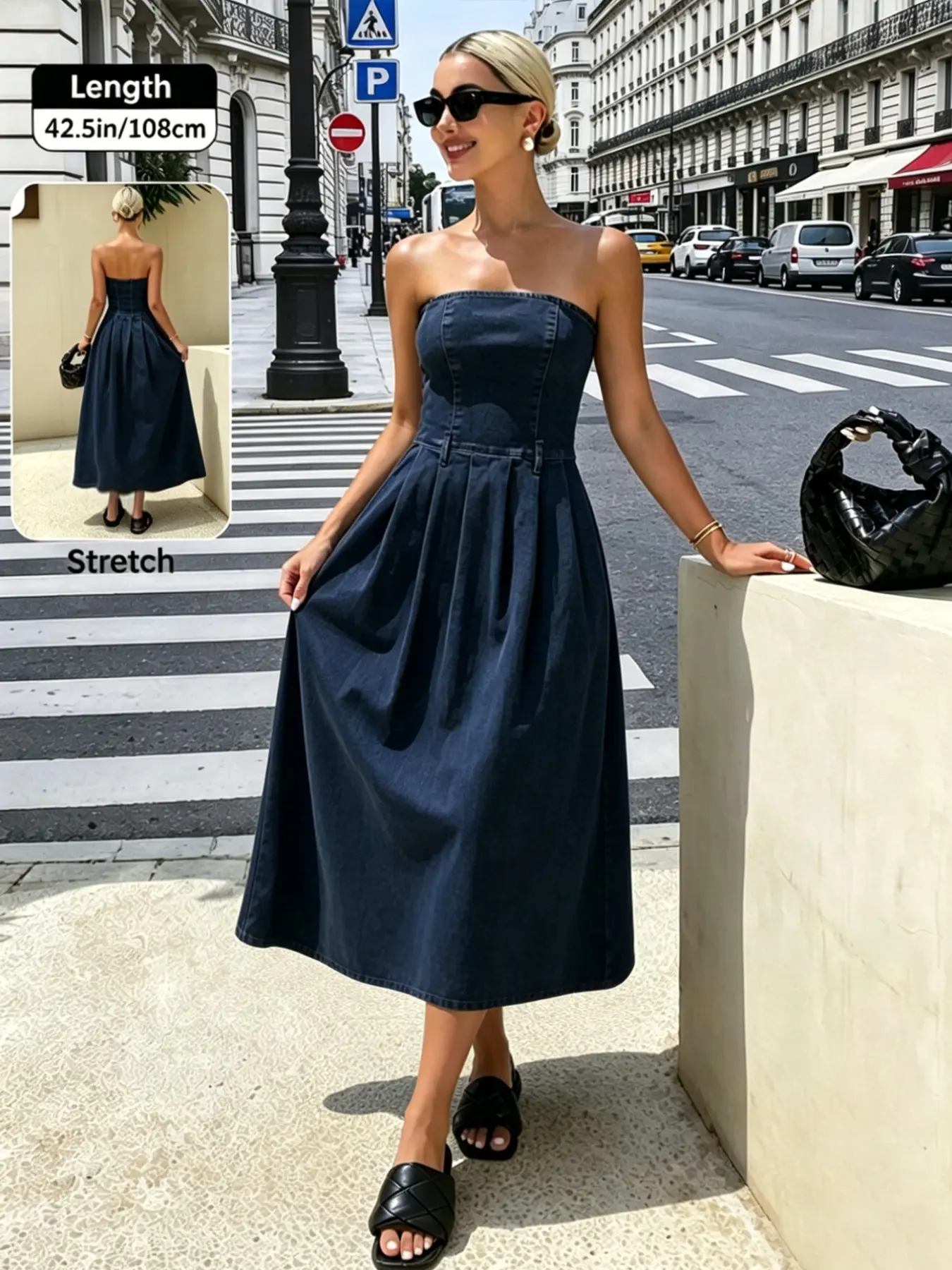 Women's Dark Wash Denim Elastic Sleeveless Dress, Summer Waist Cinched Long Gown, Vintage Blue Strapless Dress, Casual Loose-Fitting Chic Dress, Casual Elegant Dresses