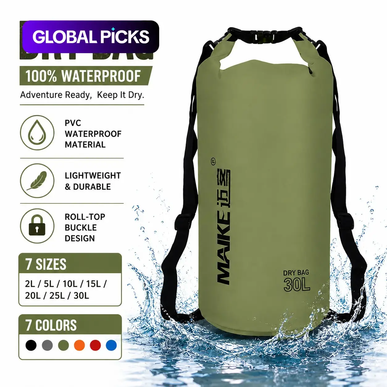 Outdoor Sport Waterproof Dry Bag with Roll-Top Seal, Boating Accessory, 2L/5L/10L/15L/20L/25L/30L Multi-Colors, Durable Fabric Travel Bag for Swimming, Beach, Rowing and Hiking #GLOBAL PICKS