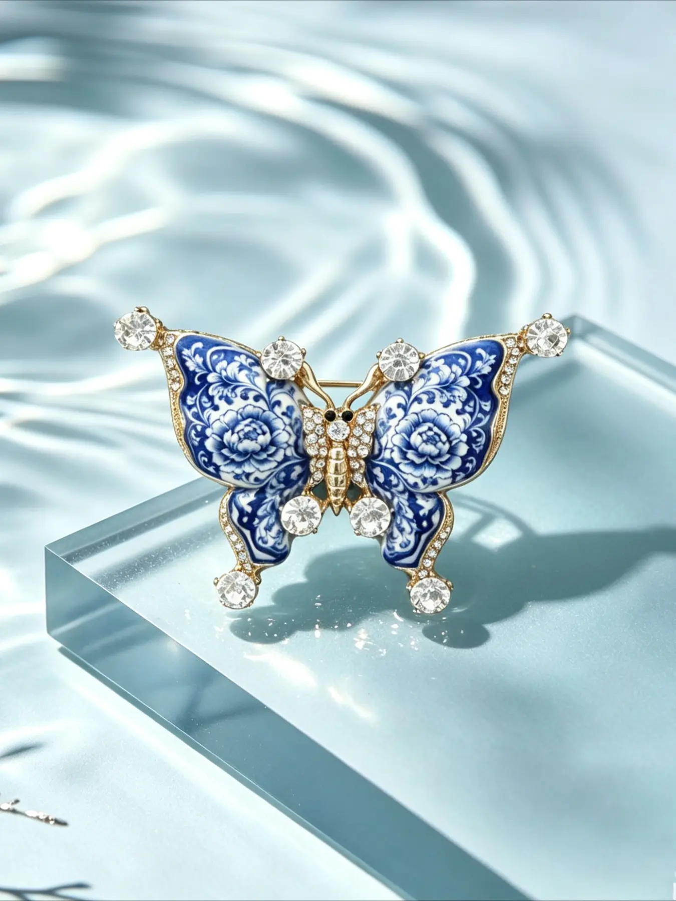 1PC Vintage Blue And White Porcelain Floral Butterfly Brooch, Rhinestone Insect Lapel Pin Badge For Dress Coat Scarf Accessory, Gift For Women Girls & Butterfly Lovers