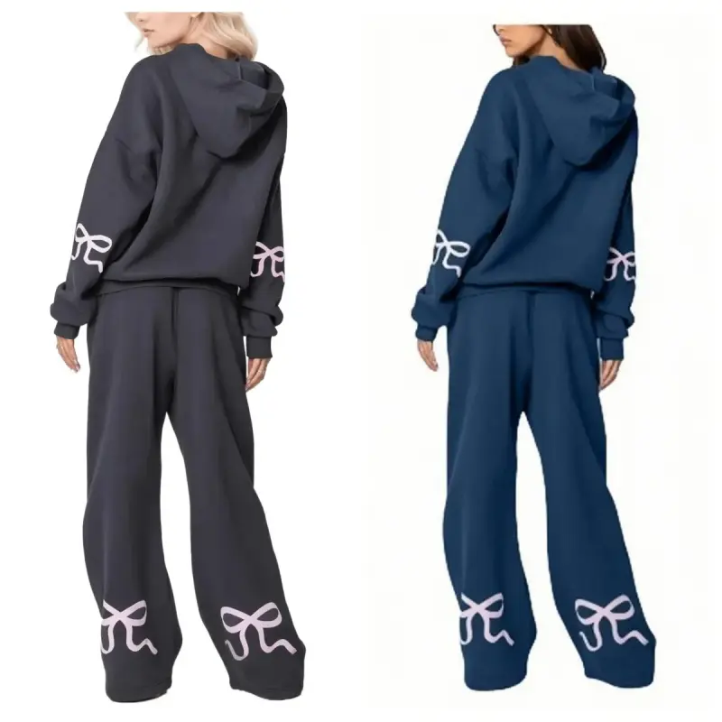 Two Piece Bow Graphic Print Hoodie & Sweatpants Set Oversized Pullover High Waist Joggers Tracksuit for Women Premium Cotton-Polyester Blend