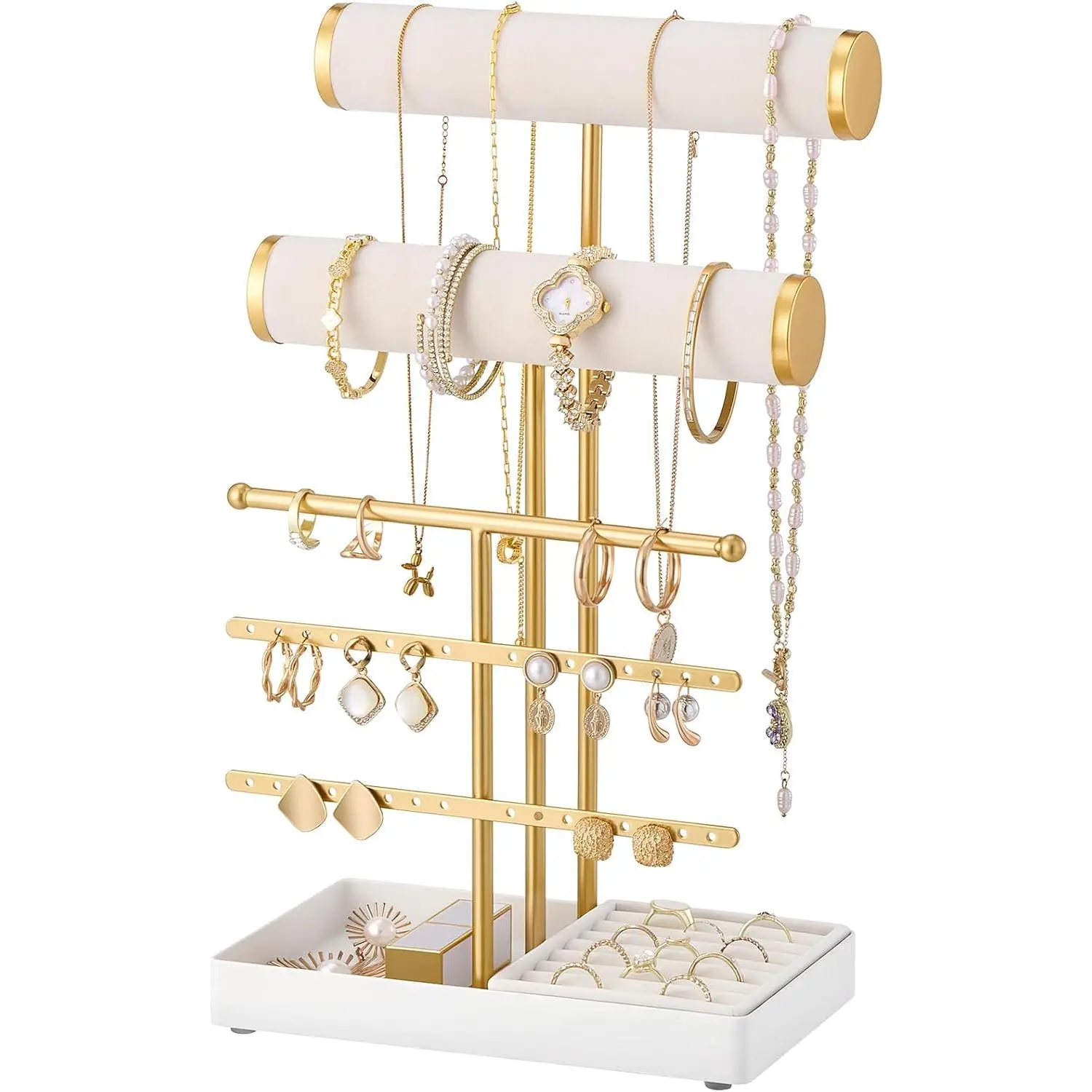 Bracelet Display Stand Necklaces Holder, 5 Tiers  Organizer and Storage Rack with  Slot and Metal Base, for Women Bangles Watches Ring Earrings -White