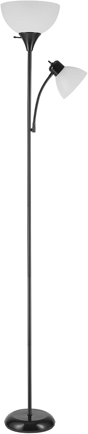 72" Torchiere Floor Lamp with Adjustable Reading Light, Matte Black Finish, Frosted Shade, Dual Rotary Switch, 3-Step Dimmable Modern Standing Lamp for Living Room or Office