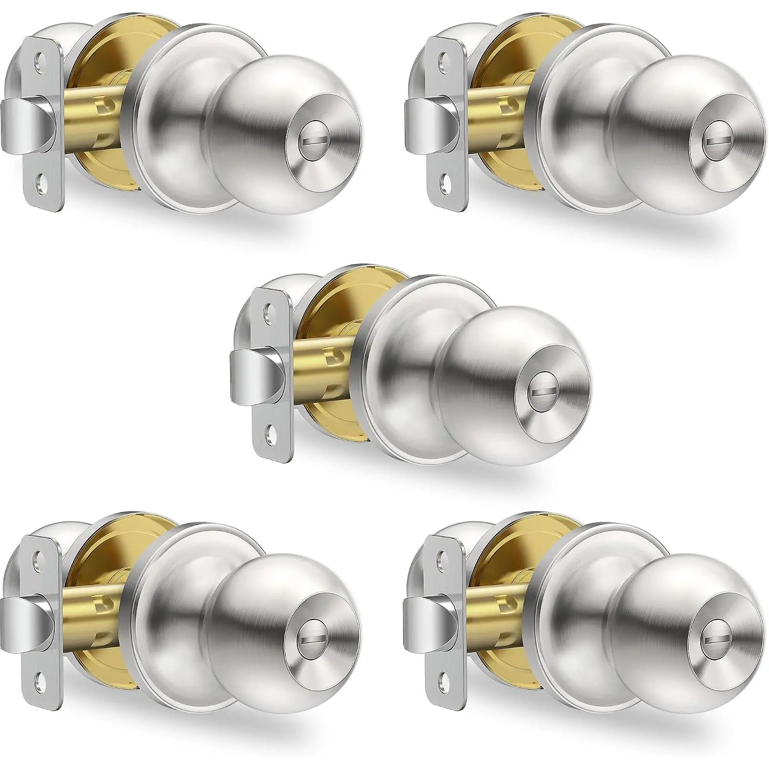 5 Pack  Door Knobs Interior, Satin Nickel Doorknob with Lock -ANSI Grade-3 Certified, Keyless Door Locks for Bedroom,Bathroom, Modern Heavy Duty Handle with Round Ball, Easy to Install