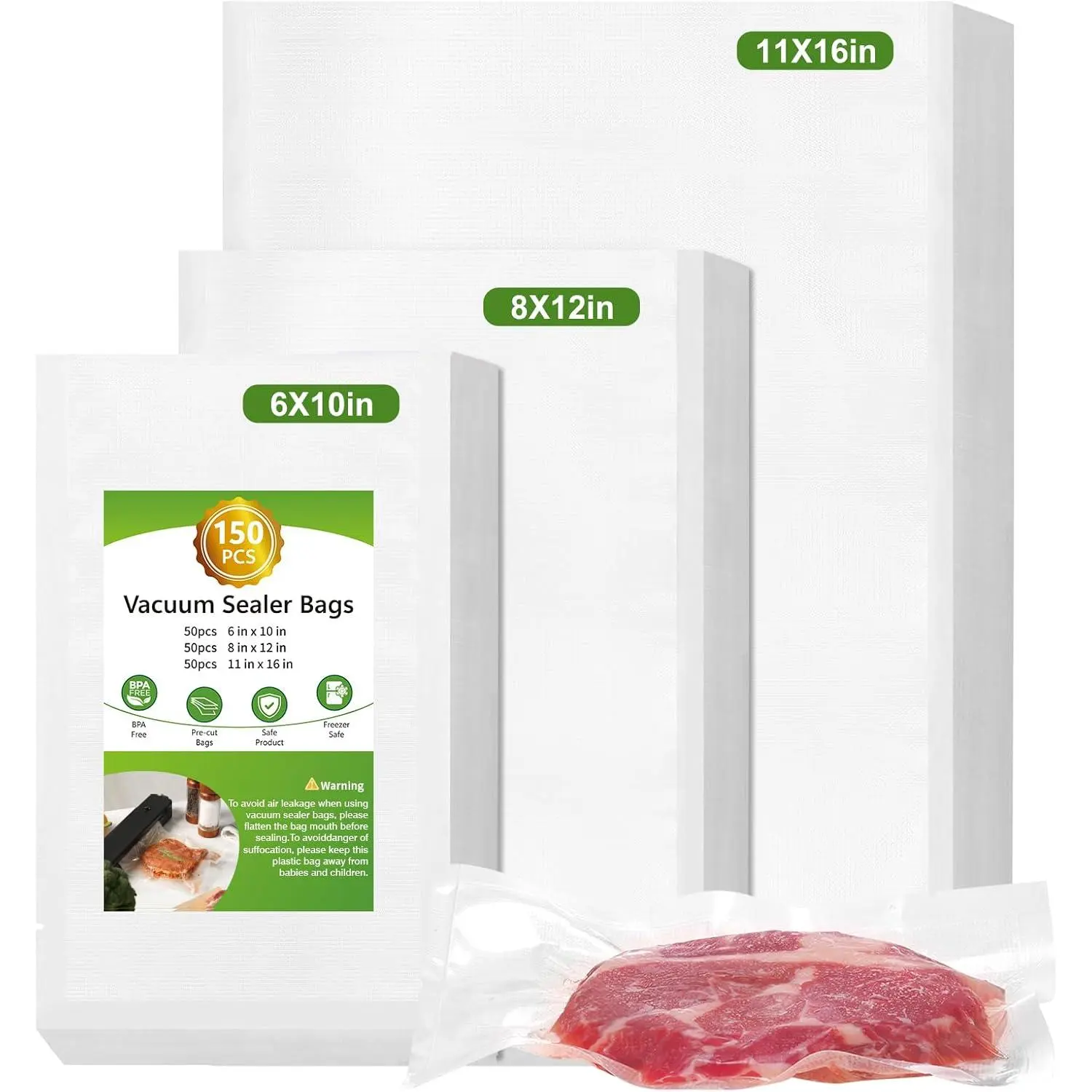 Vacuum Sealer Bags for Food Storage, BPA-Free Commercial Grade Puncture-Resistant Precut Bags (150pcs Total) - Gallon (11x16in), Quart (8x12in), Pint (6x10in) for Meal Prep, Sous Vide, 6 X 10