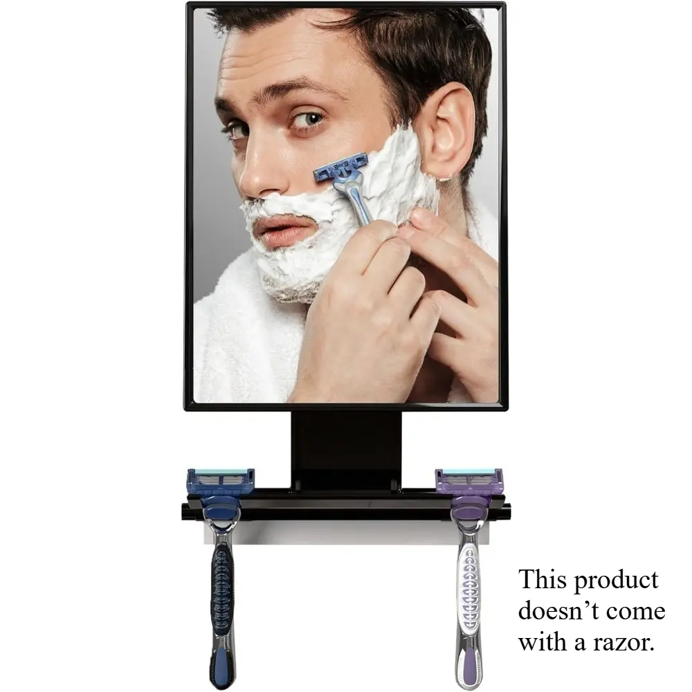 Long-lasting no-fog shower mirror delivers clear view in hot steam, equipped with storage tray and dedicated razor rack. Rust-resistant shatterproof material, easy wall mount, multi-purpose bathroom mirror for shower and shaving routine.