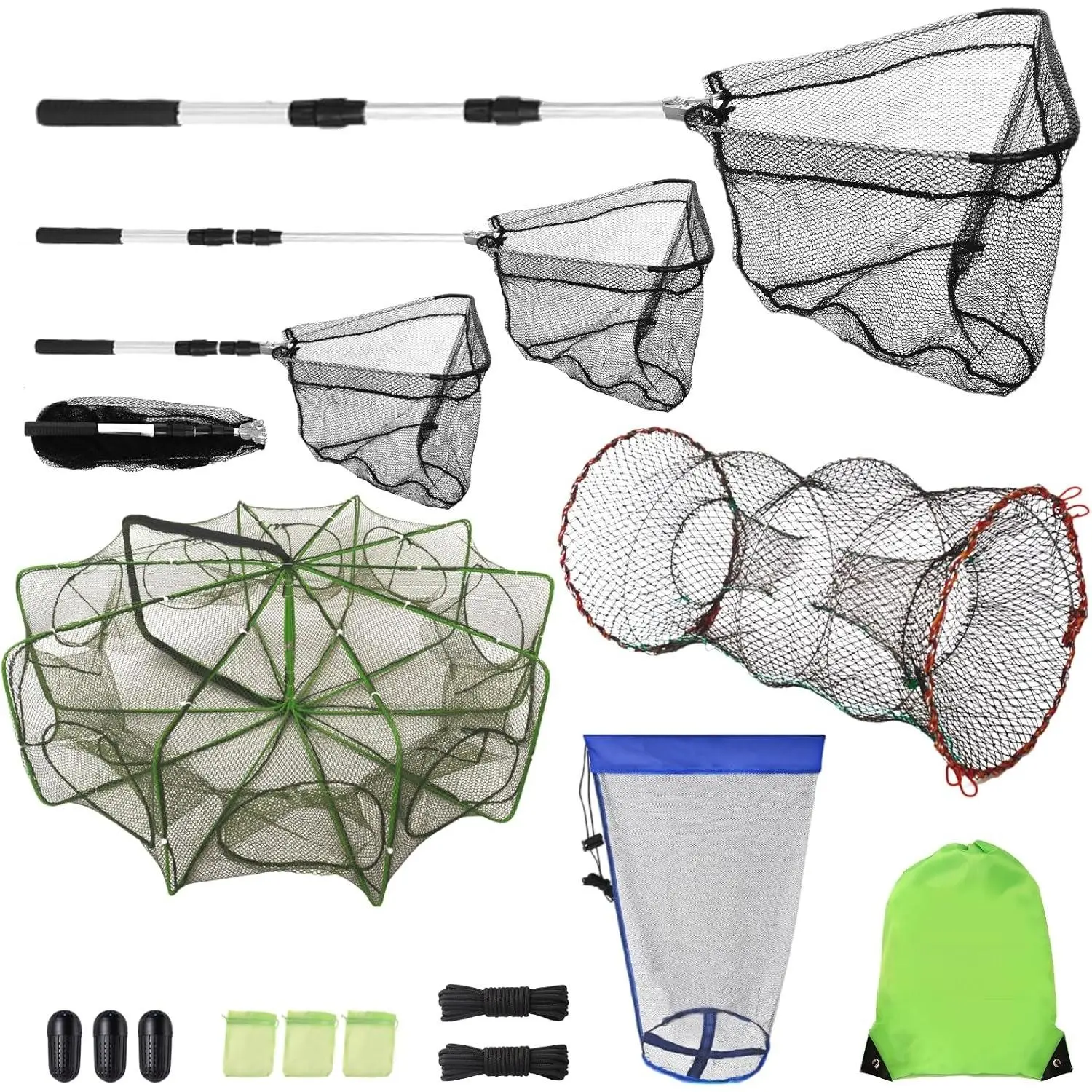 4-in-1 Fish  Set, Folded Minnow , Collapsible Crab , Fish Basket & Adjustable Landing Net, Collapsible Portable Crawfish  Kit for Freshwater & Saltwater Fishing