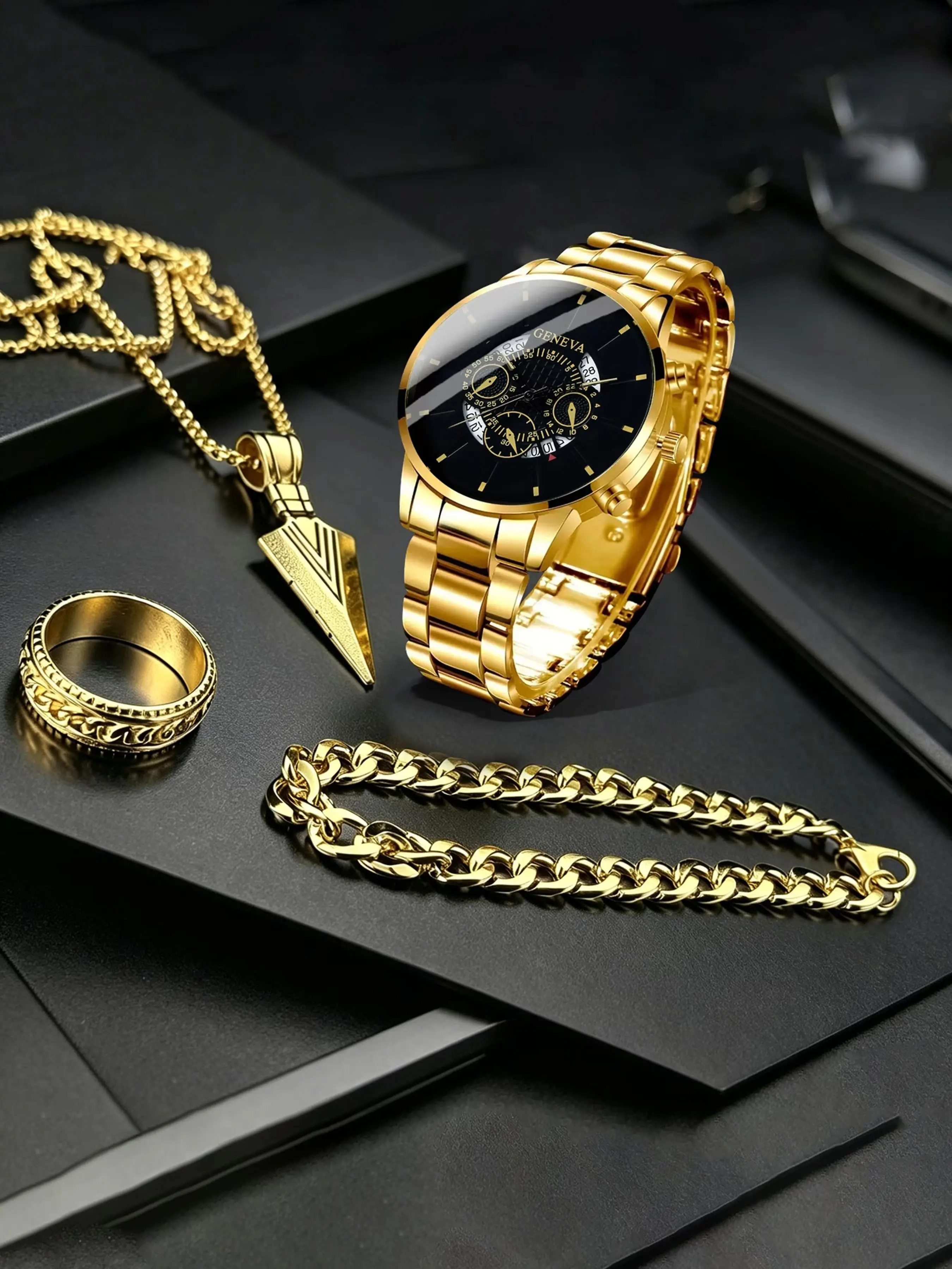 Men's Watch Jewelry Set, Multi-Functional Quartz Watch, Arrow Necklace, Ring, Cuban Chain Bracelet, Business Casual Gift, Exquisite Watch Set