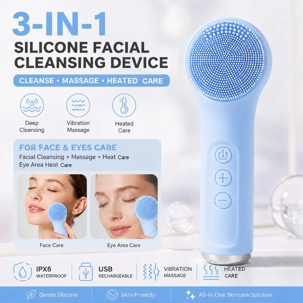 Silicone Face Brush, Warm Massage for Face and Eye Area, Dual-Sided Design, 3 Speed Modes, Rechargeable, 4 Colors Available, Ideal for Home, Travel, Gift, Face Wash Brush