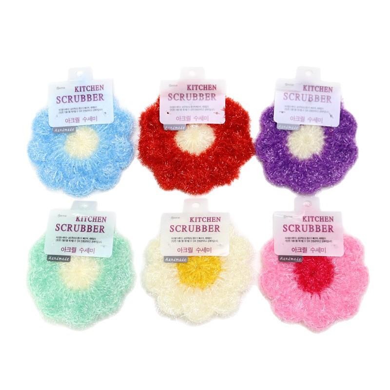 [6-piece set in random colors] Acrylic non-stick oil dishcloth, thickened acrylic flower cleaning cloth in various colors