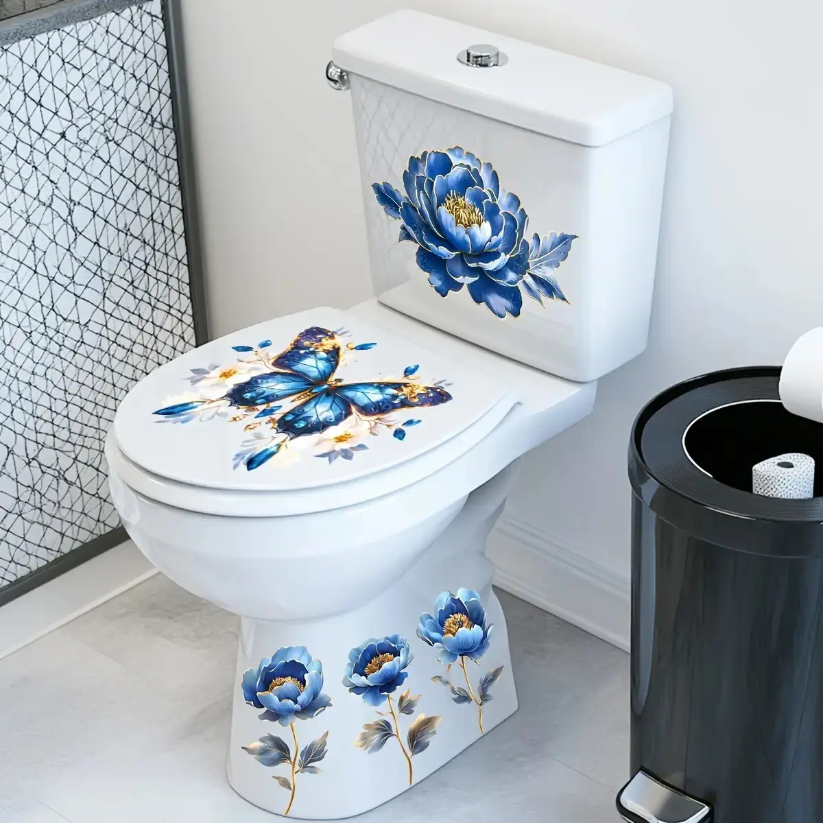 Blue Butterfly Floral Toilet Sticker, Self-Adhesive PVC, Vibrant Design, One-Time Bathroom Decor, Laptop Decor, Durable Wall Art