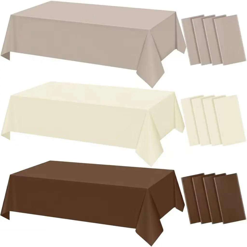12-Pack Brown Plastic Disposable Tablecloth Set, 3 Gradient Brown Rectangle Waterproof Covers (54x108 in) for Fall, Thanksgiving Party Decorations