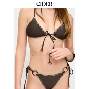 Cider Ring Linked Stripe V-neck Bowknot Bikini Swimsuit