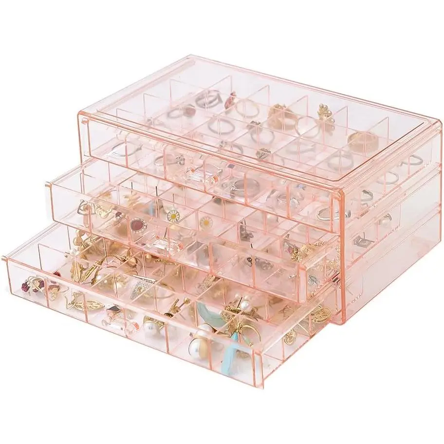 Earring Organizer Box  Stackable  Organizer with 3 Drawers 72 Small Compartments Clear  Display Stand for Stud Earring Ring Pin Display ()