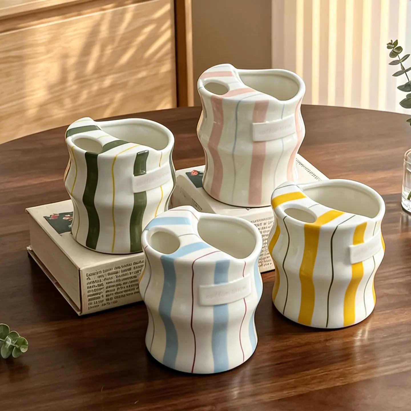 Hand-Painted Striped Ceramic Coffee Mug, 12 Oz Retro Wavy Cup, Microwave & Dishwasher Safe, Cute Gift for Coffee, Tea, Christmas