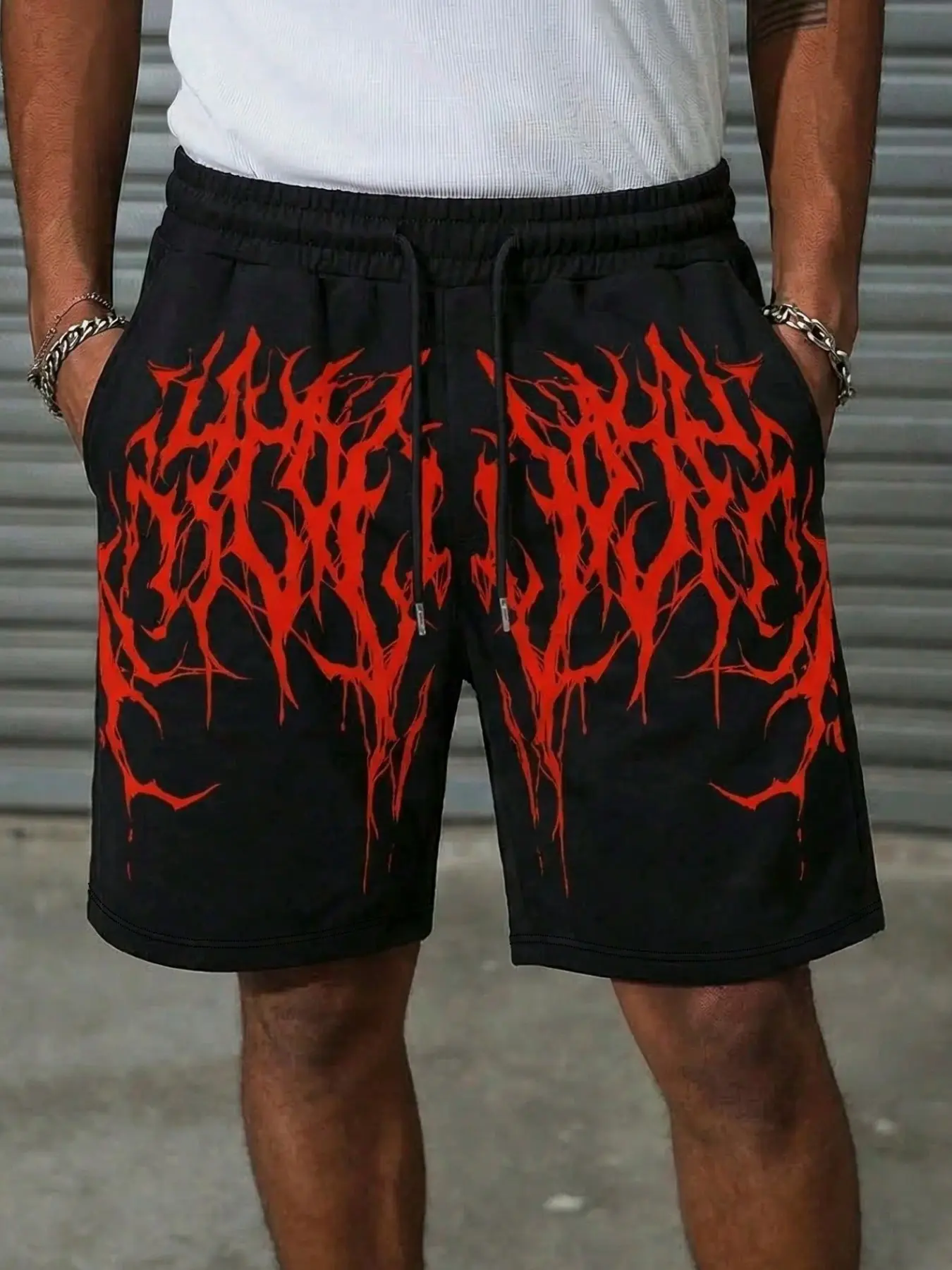 Red Gothic Metal Font Mesh Graphic Track Shorts Men, Dark Punk Heavy Metal Streetwear Athletic Casual Shorts