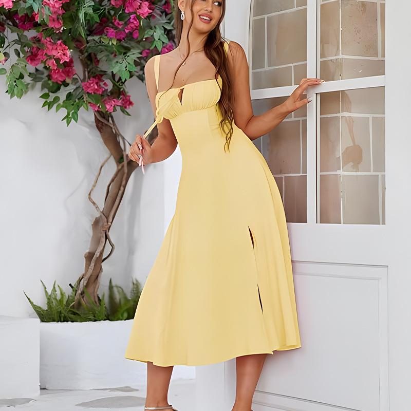 2026 Spring Summer Women's Fishbone Suspender Dress Lace Up Drawstring Bustier Split Hem Bodycon Slim Fit Stretchy Party Dating Vacation Sundress