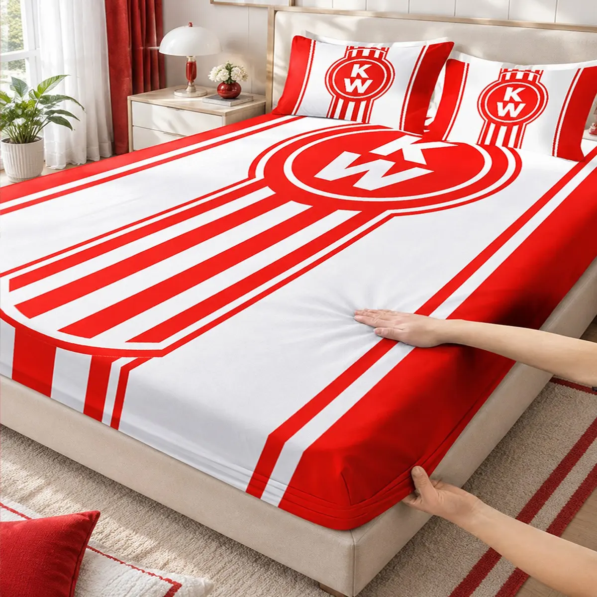 3-Piece Trendy Red and White "KW" Badge and Stripe Print Bed Sheet Set (includes 1 fitted sheet and 2 pillowcases; comforter and pillow inserts not included) — perfect for home or dorm decor, and an excellent gift for the holidays.