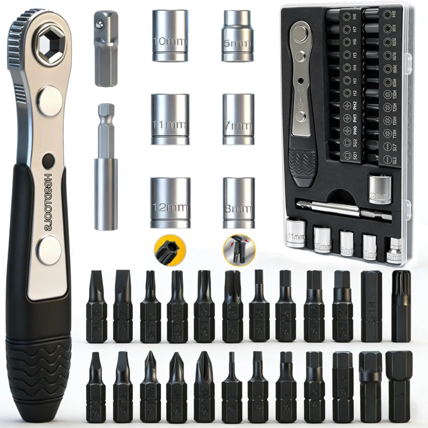 33in1 Right Angle  Set 1/4 Mini Ratchet Wrench S2  1/4 Bits 90  Offset  Metric/SAE Allen Bits Dedicated to Small Spaces &Outdoor Portable Tools