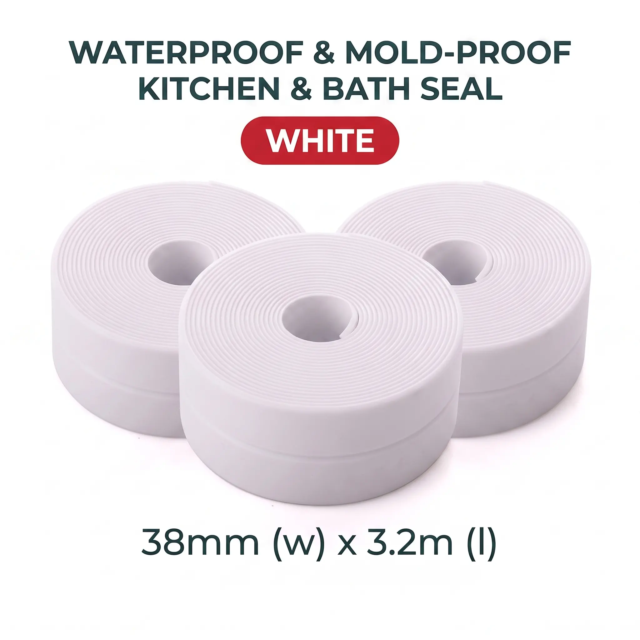White Waterproof Caulk Tape 3.2m Self-Adhesive Sealing Tape for Bathroom Kitchen Sink Toilet Tub Edges Easy Application & Durability-YY2