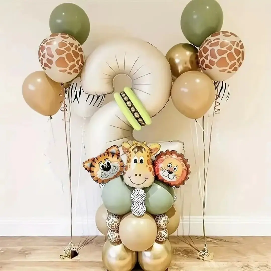 40pcs Animal Theme Balloons Set, Giraffe Tiger Lion, 32 Inch Number Birthday Balloons, Kids Party Decoration, Balloon Decorations, Choking Hazard Warning